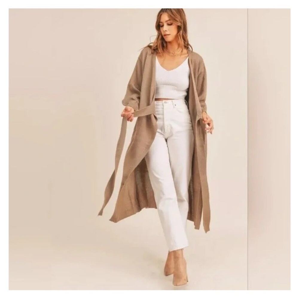 NEW Mable Minimalist Luxury Jovie Sweater Midi Dress Academia Taupe Wrap Duster - Picture 3 of 9